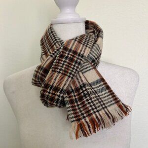 Michelsons of London Wool Scarf Plaid Tan Brown Made in England Fringe Trim OS